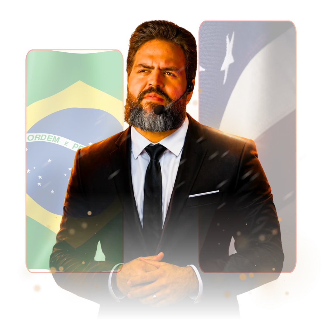 Filipão Carvalho de terno, com as bandeiras do Brasil e dos Estados Unidos ao fundo